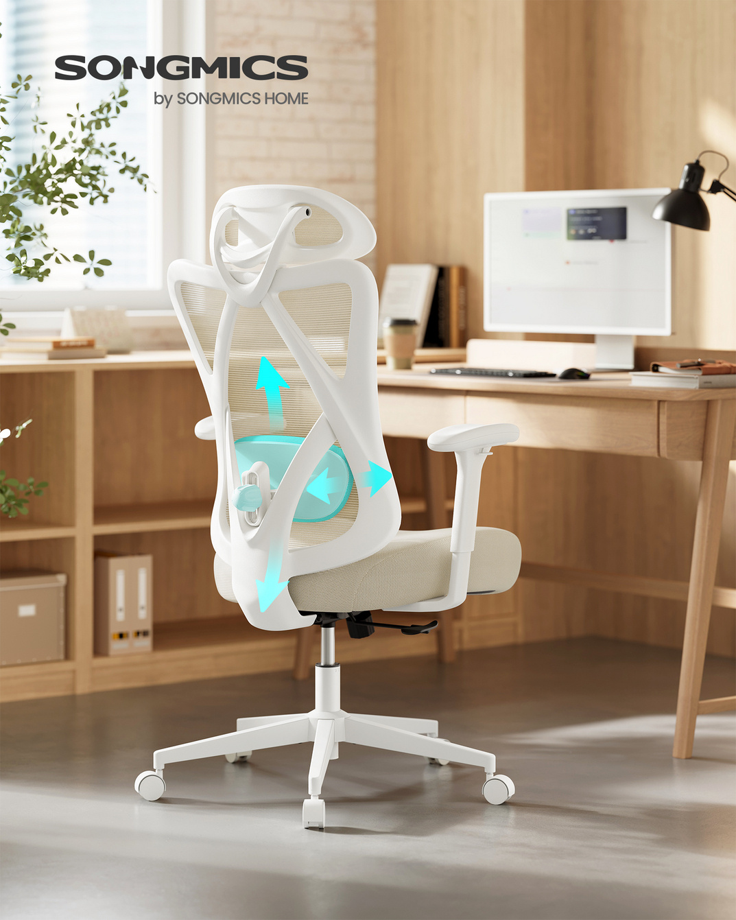 Songmics ergonomisk kontorstol, med hynde, justerbar, OBN063